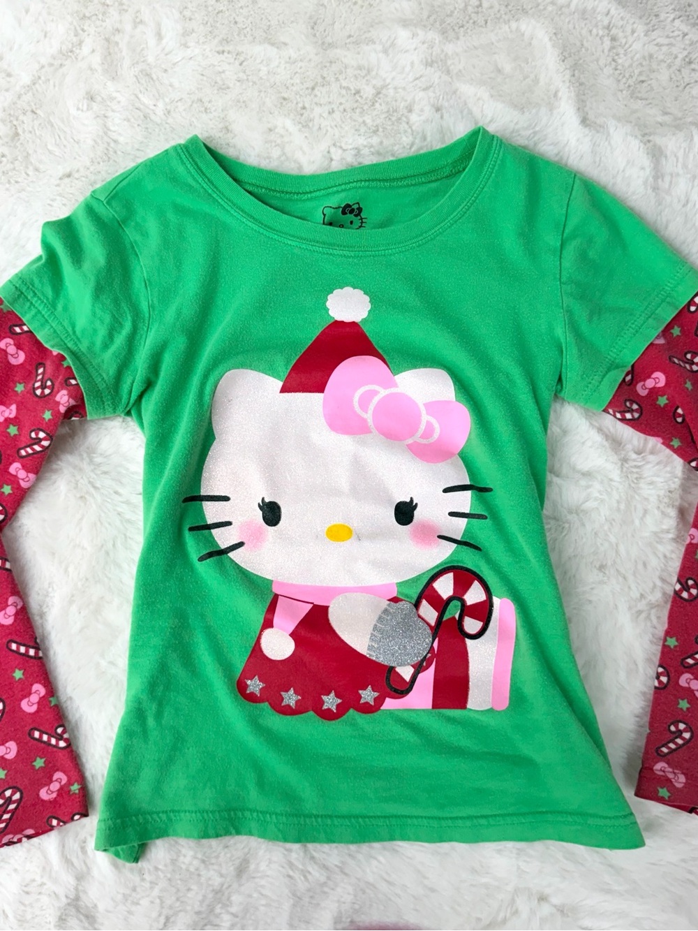 Hello Kitty Green Long Sleeve Layered-Look Top with Pink Accents
